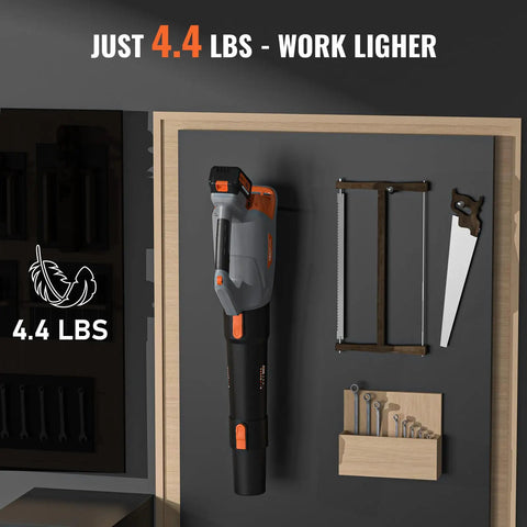 Cordless Leaf Blower With 70 Minute Runtime And 4000mAh Battery displayed with tools, 4.4 lbs lightweight design for yard cleanup.