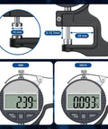 Digital Thickness Gauge 0 To 12.7mm And 0.5In With 0.01mm 0.0005In Resolution, Easy Read LCD, Ultra Precise Thickness Meter For Paper Film Leather And Wire, Great For Printing Press Settings Black, shown with metric and inch display
