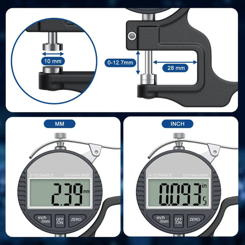Digital Thickness Gauge 0 To 12.7mm And 0.5In With 0.01mm 0.0005In Resolution, Easy Read LCD, Ultra Precise Thickness Meter For Paper Film Leather And Wire, Great For Printing Press Settings Black, shown with metric and inch display