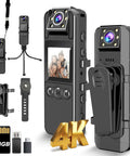 Crisp 4K Body Cam with audio and video recording, 180-degree rotating lens, IR night vision, 128GB storage, 6-hour battery
