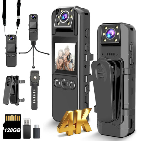 Crisp 4K Body Cam with audio and video recording, 180-degree rotating lens, IR night vision, 128GB storage, 6-hour battery