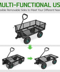 Heavy Duty Steel Garden Cart Workhorse With Detachable Side Panels That Convert To Flatbed For Yard And Farm Use 880 Lbs Capacity Metal Wagon With 180 Degree Rotating Handle Black shown in multi-use configurations.