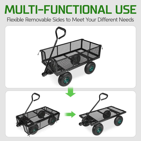 Heavy Duty Steel Garden Cart Workhorse With Detachable Side Panels That Convert To Flatbed For Yard And Farm Use 880 Lbs Capacity Metal Wagon With 180 Degree Rotating Handle Black shown in multi-use configurations.