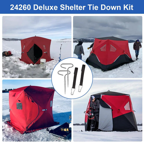 Heavy Duty Ice Shelter Tie Down Kit with two beefy grip self tapping anchors and two cam straps for ice fishing tents universal fit