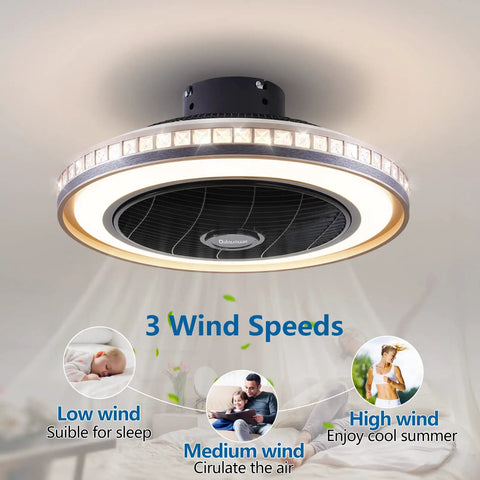 Quiet Bladeless Ceiling Fan With Lights And Remote 20 Inch Black Low Profile Flush Mount Three Speeds Three Light Kit Perfect For Bedroom And Kitchen With Ultra Silent Copper Motor showcasing wind speed options.