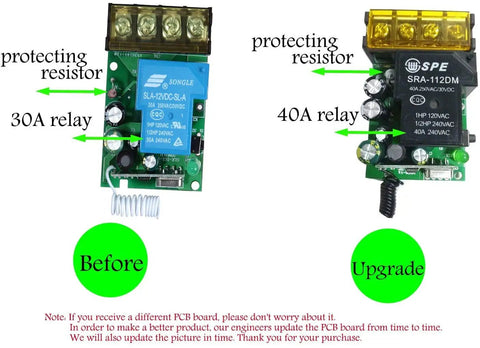 Comparison of 30A and 40A relay boards with protecting resistors for Wireless Remote Switch Kit With 40A Relay And RF Control 110V 120V 240V Compatible Long Range Up To 328 Feet On Off Power For Pump Lamp Motor Fan Dust Collector Garage Door Great For Home Shop Garage Automation And DIY Projects With Quick Installation.
