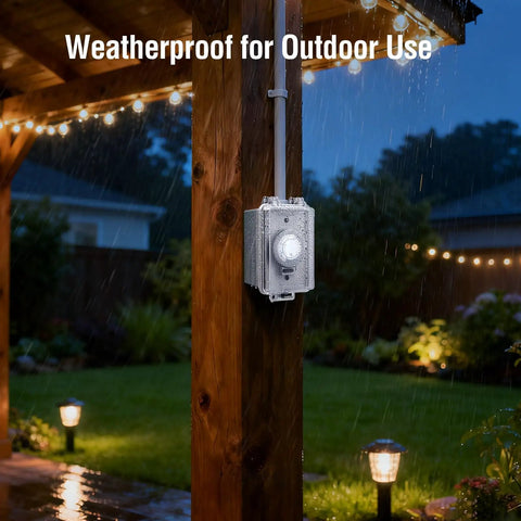 Heavy Hitter 20 Amp 2400W Hardwired Mechanical Timer Switch mounted on a wooden post in the rain, designed for outdoor use.