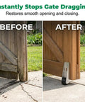 Before and after comparison of Heavy Duty Vertical Track Roller Wheel For Smooth Sliding Door Bottom Guide and Fence Gate Swap With Rugged Aluminum Bracket.