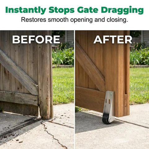 Before and after comparison of Heavy Duty Vertical Track Roller Wheel For Smooth Sliding Door Bottom Guide and Fence Gate Swap With Rugged Aluminum Bracket.