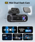 Image of F9 Dual Dash Cam 4K Front And Rear 1080P With WiFi GPS App Control featuring 5 inch size and lens details.