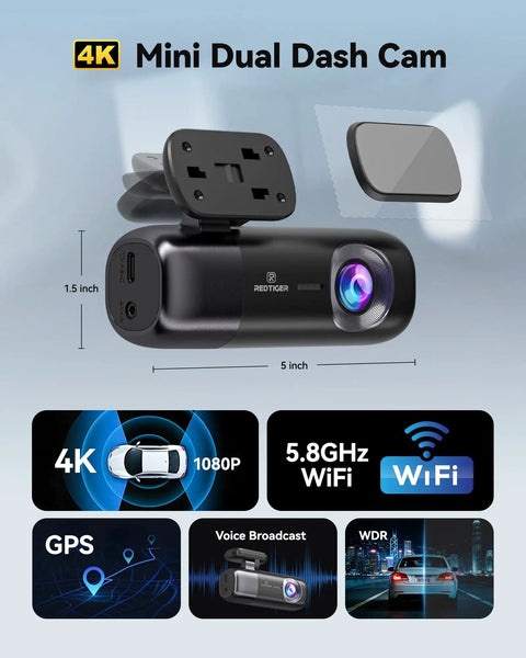 Image of F9 Dual Dash Cam 4K Front And Rear 1080P With WiFi GPS App Control featuring 5 inch size and lens details.