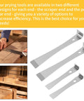 4 Piece Pry Bar Scraper Set With Built In Nail Puller Stainless Steel Flat Pry Tools displayed with close-up on woodworking.