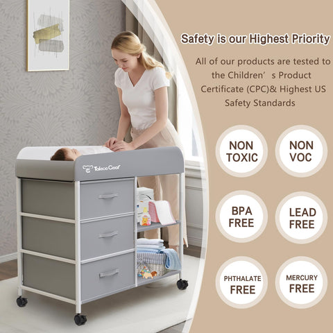 Woman using Must Have Portable Baby Changing Table With Waterproof Pad And Diaper Station Dresser Style Organizer