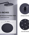 12 Inch Shower System With Pressure Balanced Valve, Matte Black 12-inch rainfall head, wall-mounted, round with adjustable swivel