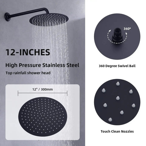 12 Inch Shower System With Pressure Balanced Valve, Matte Black 12-inch rainfall head, wall-mounted, round with adjustable swivel
