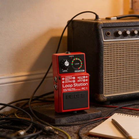 Compact Loop Pedal With 24 Segment Circular LED Indicator for Quick Rec Overdub and Play Status next to an amplifier on stage