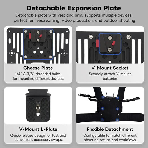 Thanos X Gimbal Support Vest System Steadicam Rig detachable expansion plate with cheese plate, V-Mount socket, L-Plate.