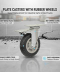 Heavy Duty Swivel Plate Caster Wheel With Standard Mount Bracket For Rough Terrain Replacement On Industrial Carts And Dollies Single Pack with rubber tread.