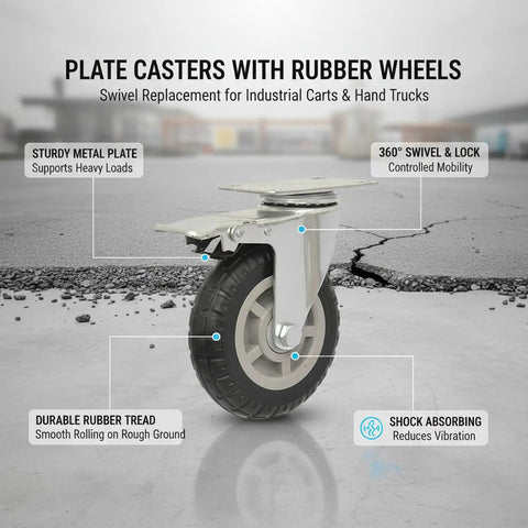 Heavy Duty Swivel Plate Caster Wheel With Standard Mount Bracket For Rough Terrain Replacement On Industrial Carts And Dollies Single Pack with rubber tread.