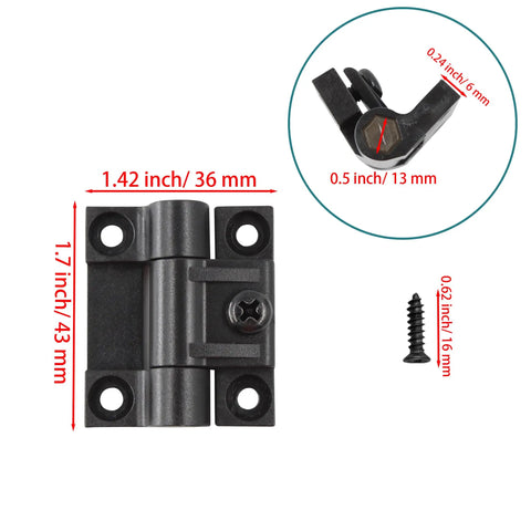Diagram of 2 Pack Adjustable Torque Position Control Cabinet Door Hinges Black Plastic Hinge Set With Screws, dimensions labeled.