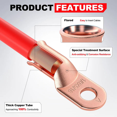 4 Gauge Battery Cable Lug Copper Ring Terminal Set With Three Eighths Inch Stud Marine Grade Dual Wall Heat Shrink Tubes 10 Pack For Crazy Easy Install And Reliable Power Connections. copper lug with flared cable entry, 3/8 in stud