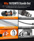 Comparison of Yatointo electric winch features showing copper wires, steel cables, and cooling system advantages.