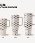 40oz Polka Dot Insulated Tumbler Featuring A Spill Proof Flip Straw And Comfort Grip Handle with 20oz and 32oz comparison