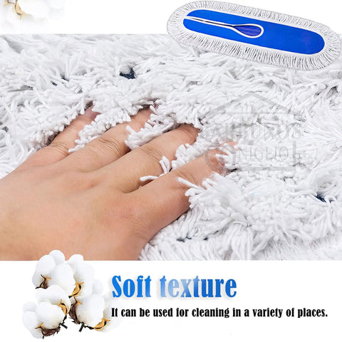 Close-up of Heavy Duty Cotton Dust Mop Head Refill with hand on soft cotton fibers, ideal for fast floor sweeping and gym maintenance.