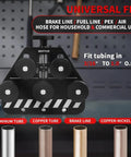 Pro Grade Tubing Straightener For Copper Aluminum And Soft Stainless Steel Brake Lines From Three Sixteenths Inch To One Inch Diameter With Red 6AN Fittings Wrench, showing wheels and tubes.