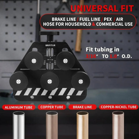 Pro Grade Tubing Straightener For Copper Aluminum And Soft Stainless Steel Brake Lines From Three Sixteenths Inch To One Inch Diameter With Red 6AN Fittings Wrench, showing wheels and tubes.