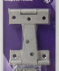 Package of Galvanized Light T Hinges 3 Inch Two Pack for barn doors, sheds, storage boxes with screws and mounting instructions.