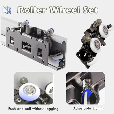 Concealed Sliding Door Hardware Kit With Soft Close Mechanism And Hidden Rails, Trackless Design With Aluminum Alloy Rails And Nylon Silent Rollers For Ultra Quiet Interior Doors, No Squeaks, 110 cm Length And 3.6 ft Opening displayed close-up with rollers and adjustable features.
