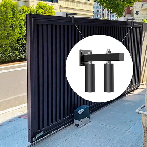 6 Inch Slide Gate Guide Roller With Adjustable UHMW Nylon Guider installed on a sliding gate, black finish, steel bracket