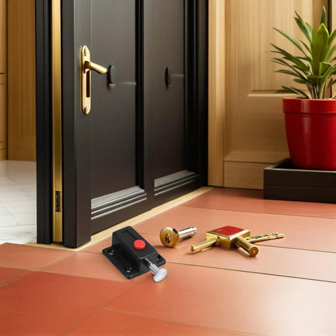 8 Pack Push Latches for Cabinets and Drawers With Spring Lock No Fuss, shown near black door with gold handle on wood floor
