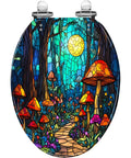 Elongated Decorative Resin Toilet Seat for Bathroom with vibrant stained glass forest design featuring mushrooms and flowers.