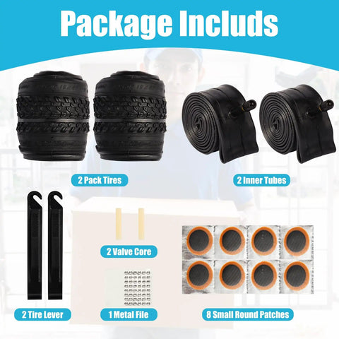 Two Pack 20 Inch Mountain Bike Tire Set With 1.95 Inch Puncture Resistant Folding Tires and repair kit contents displayed