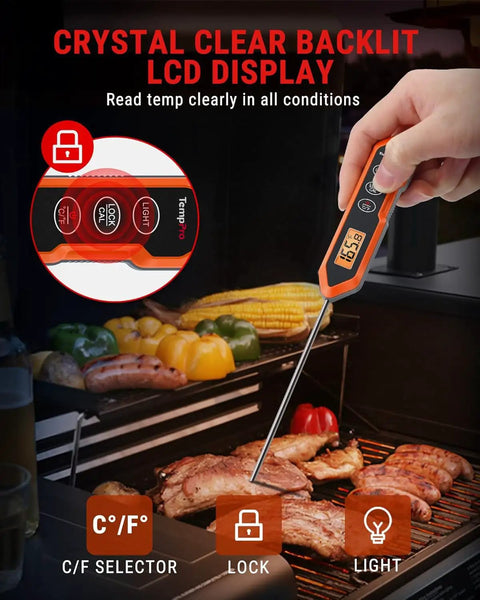 Waterproof Instant Read Meat Thermometer For Cooking With 5.4 Inch Stainless Steel Probe displaying 165.2°F.