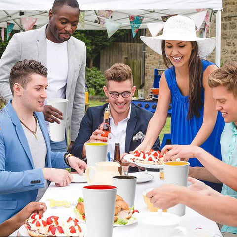 Group at outdoor event using 180 Pack 16 Oz Disposable Coffee Cups White Paper Cups For Hot Or Cold Beverages Water Juice Or Tea Sturdy Anti Leak.