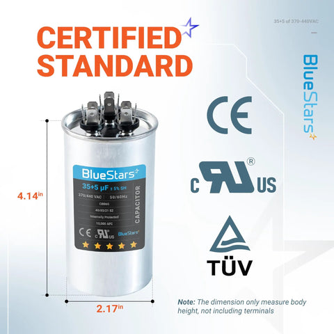 Beefy Dual Run 35/5 MFD AC Capacitor 370-440V with certifications and dimensions displayed