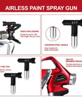 Heavy Duty High Pressure Airless Paint Primer Spray Gun Featuring Slick Reversible 517 Tip And Swivel Coupler Hooked With Ten Inch Extension Rod For Butter Smooth Interior Exterior Finishing showing two 517 tips and tungsten nozzle.