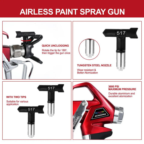 Heavy Duty High Pressure Airless Paint Primer Spray Gun Featuring Slick Reversible 517 Tip And Swivel Coupler Hooked With Ten Inch Extension Rod For Butter Smooth Interior Exterior Finishing showing two 517 tips and tungsten nozzle.