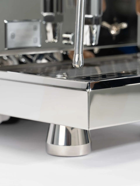 Pro Grade Dual Boiler Espresso Maker With PID Precision Tuning stainless frame close-up showing smooth heat exchange tech.