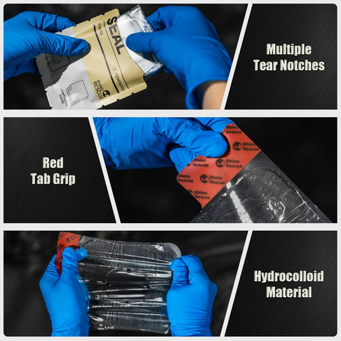 Rhino Rescue vented chest seal two-pack; sterile occlusive pad with red tab grip and hydrocolloid material