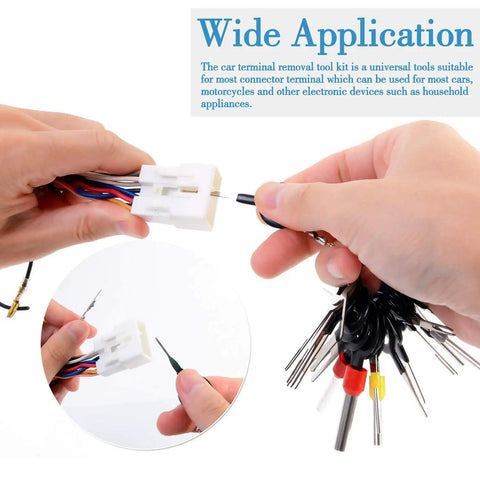 Hands using 60 Piece Terminal Removal Tool Kit For Car Wiring And Electrical Connectors Pin Extractor Terminal Puller Depinning Tool Set