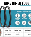 700X25-28C Road Bike Inner Tubes 2 Pack With 48mm Presta Valve Premium Butyl Rubber Puncture Resistant Replacement Tubes