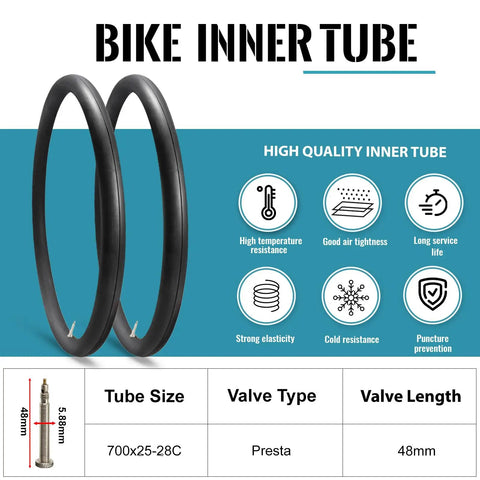 700X25-28C Road Bike Inner Tubes 2 Pack With 48mm Presta Valve Premium Butyl Rubber Puncture Resistant Replacement Tubes