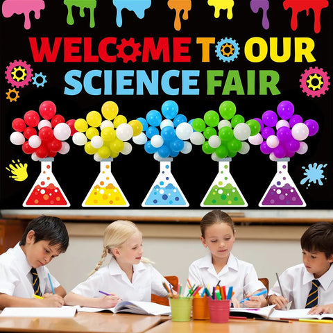 Totally Kid Friendly Fair Themed Bulletin Board Kit with 3D Balloons and Chemistry Flask Cutouts for engaging classroom decor.
