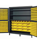 Massive Beige Storage Cabinet Paired With Two Hundred Twelve Yellow Plastic Bins For Garage And Warehouse Heavy Duty Bulk Organizing Rack System