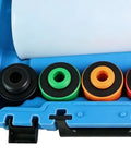 Grab This Ultimate Spillproof Universal Flexible Oil Funnel Kit For Clean Engine Bay With Splash Guard And Multi Adapter For Effortless Auto Oil Change, showing colorful adapters in storage case.