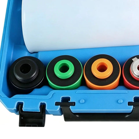 Grab This Ultimate Spillproof Universal Flexible Oil Funnel Kit For Clean Engine Bay With Splash Guard And Multi Adapter For Effortless Auto Oil Change, showing colorful adapters in storage case.